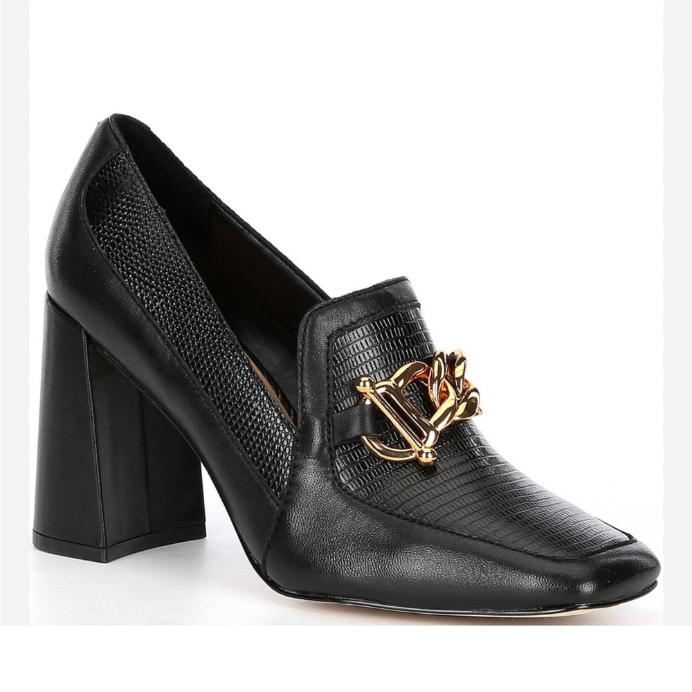Gibson Latimer Ritah Croc Embossed Black Block Heel Loafers Gold Chsin Sz 8.5